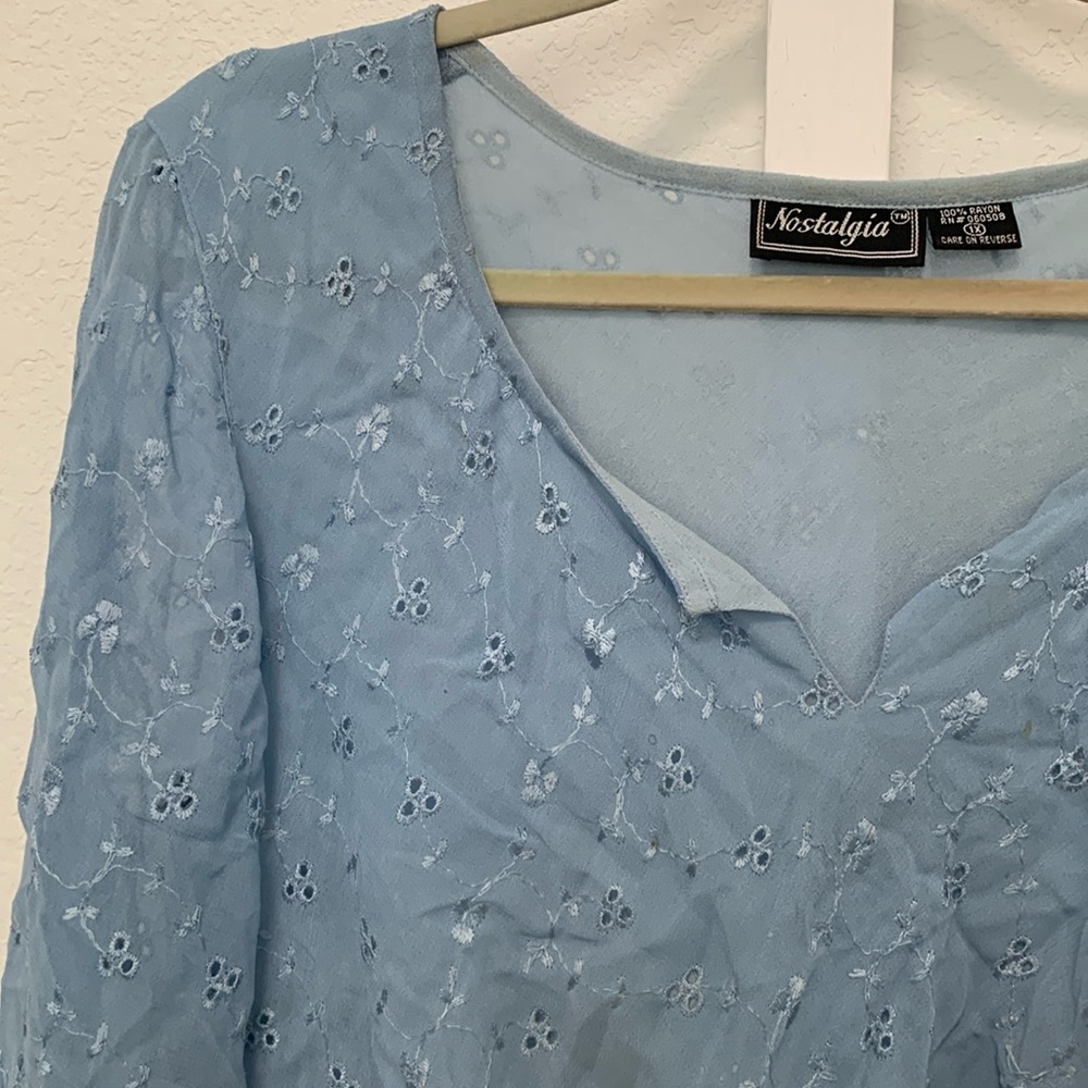 Y2K Nostalgia Blue Eyelet Bell Sleeve Blouse - Picture 3 of 9